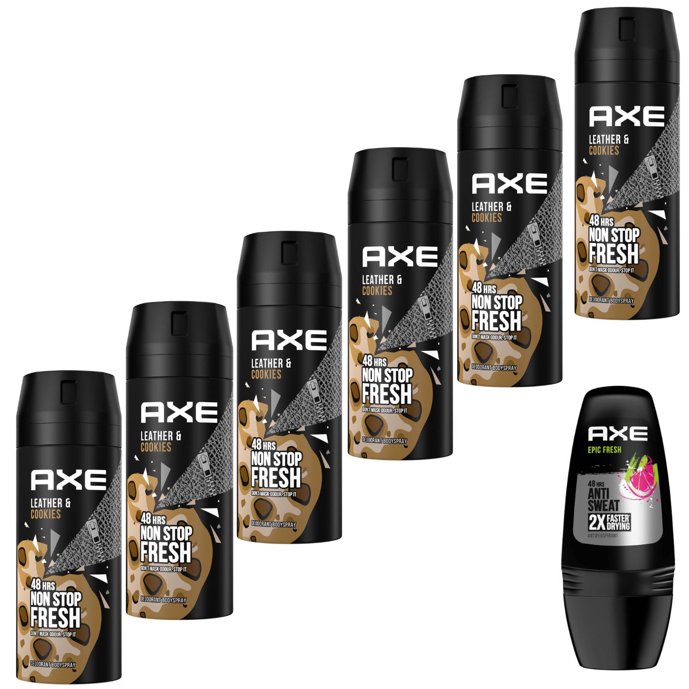 Axe Pack - Desodorante Spray Leather y Cookies 6x150ml + Epic Fresh Roll On 50ml para Hombre