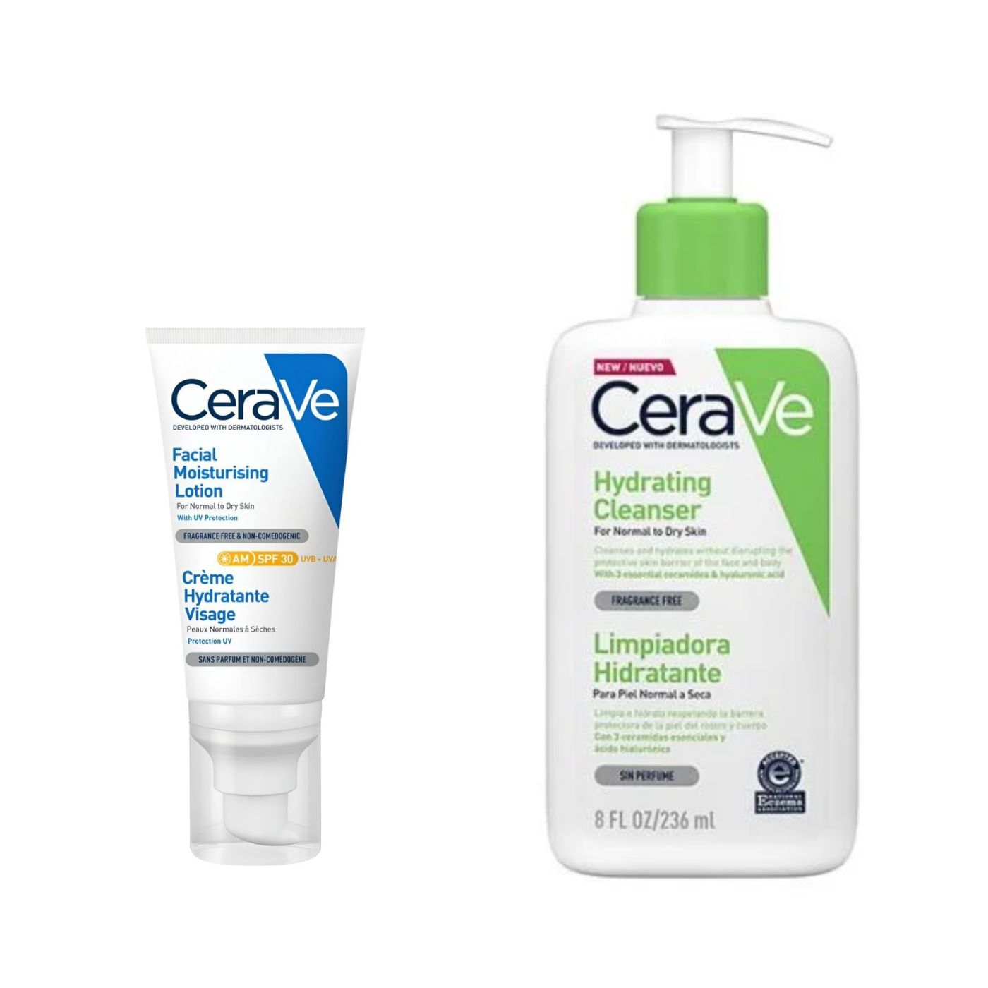 Cerave - Pack Cuidado Facial Pieles Mixtas - Espuma Limpiadora Seborreguladora Para Rostro Con 3 Ceramidas, 236 ml + Hidratante Facial SPF 30 - Para Pieles Normales A Grasas 52ml.