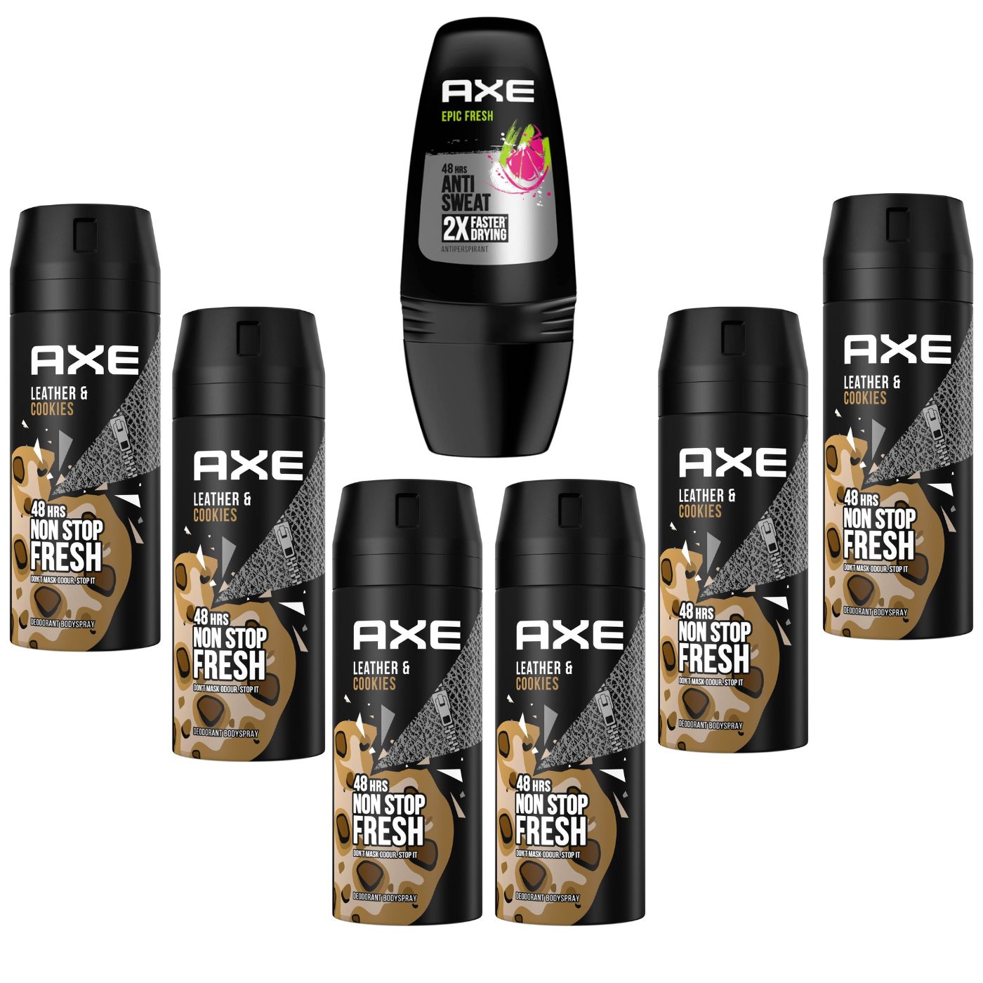 Axe Pack - Desodorante Spray Leather y Cookies 6x150ml + Epic Fresh Roll On 50ml para Hombre
