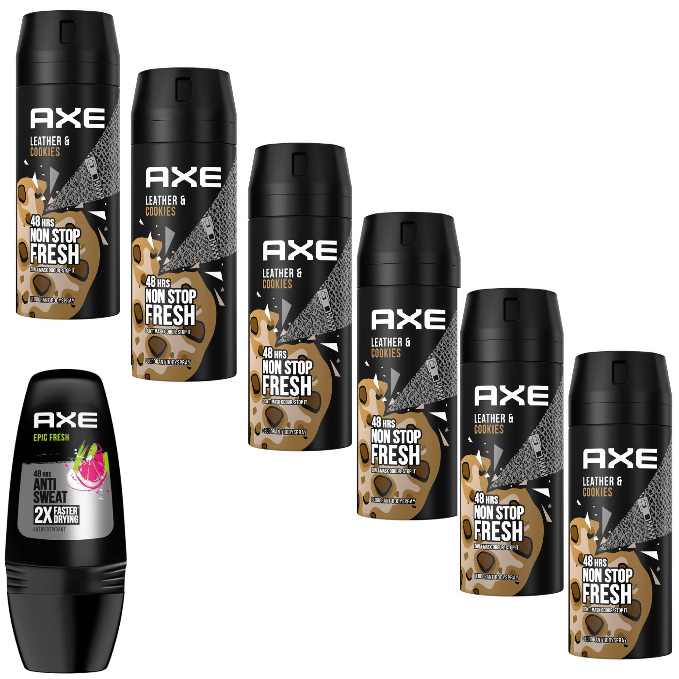 Axe Pack - Desodorante Spray Leather y Cookies 6x150ml + Epic Fresh Roll On 50ml para Hombre