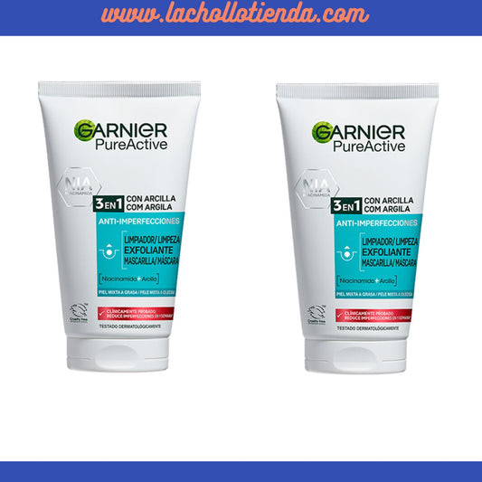 Garnier PureActive 3en1 Exfoliante - Limpiador - Mascarilla - con Arcilla 2x150ml.