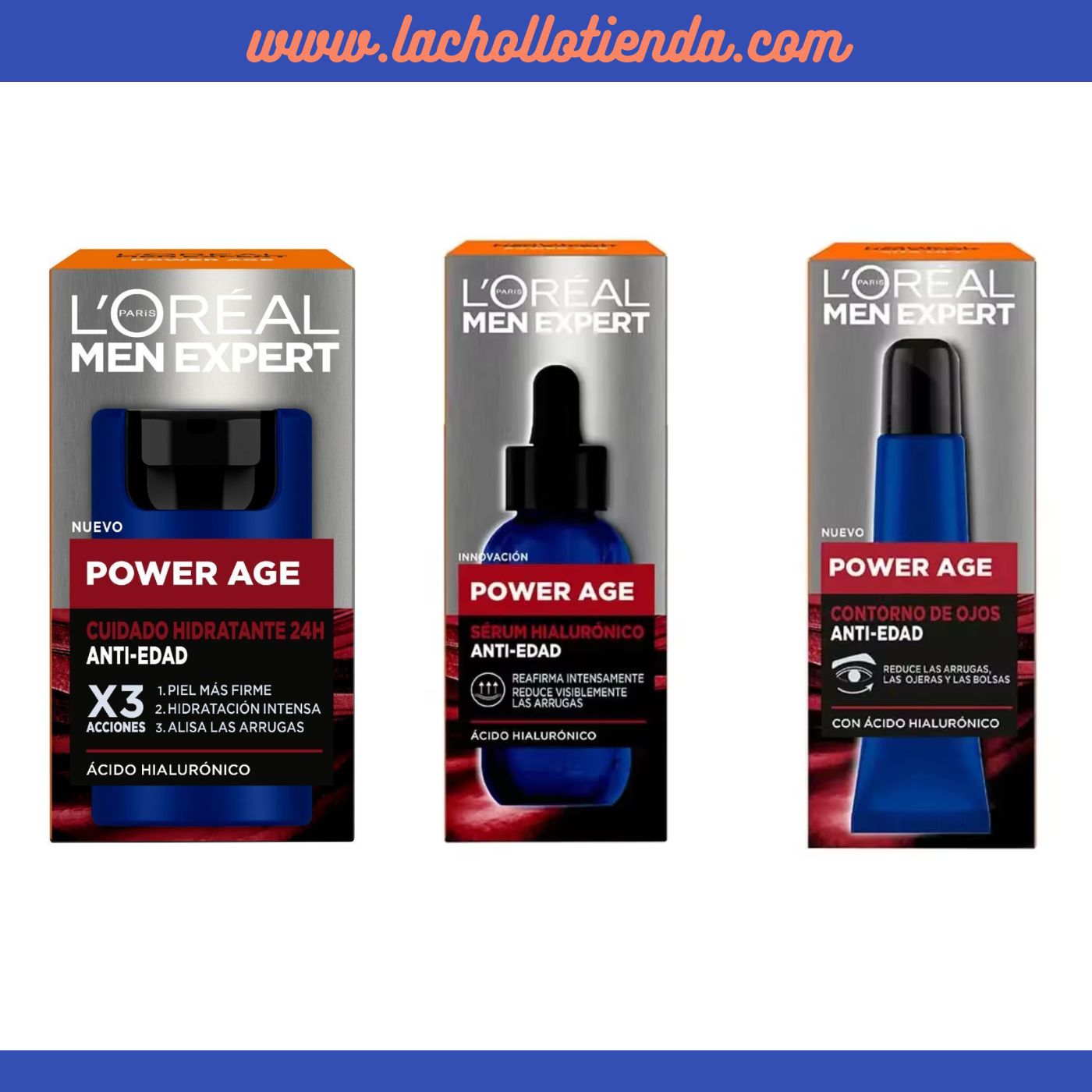 L'ORÉAL TRATAMIENTO MEN EXPERT - Power Age - SERUM HIALURONICO ANTI-EDAD 30ml + Hidratante Anti-Edad X3 con Ácido Hilaurónico 50ml + Contorno de Ojos Anti-arrugas 15ml.