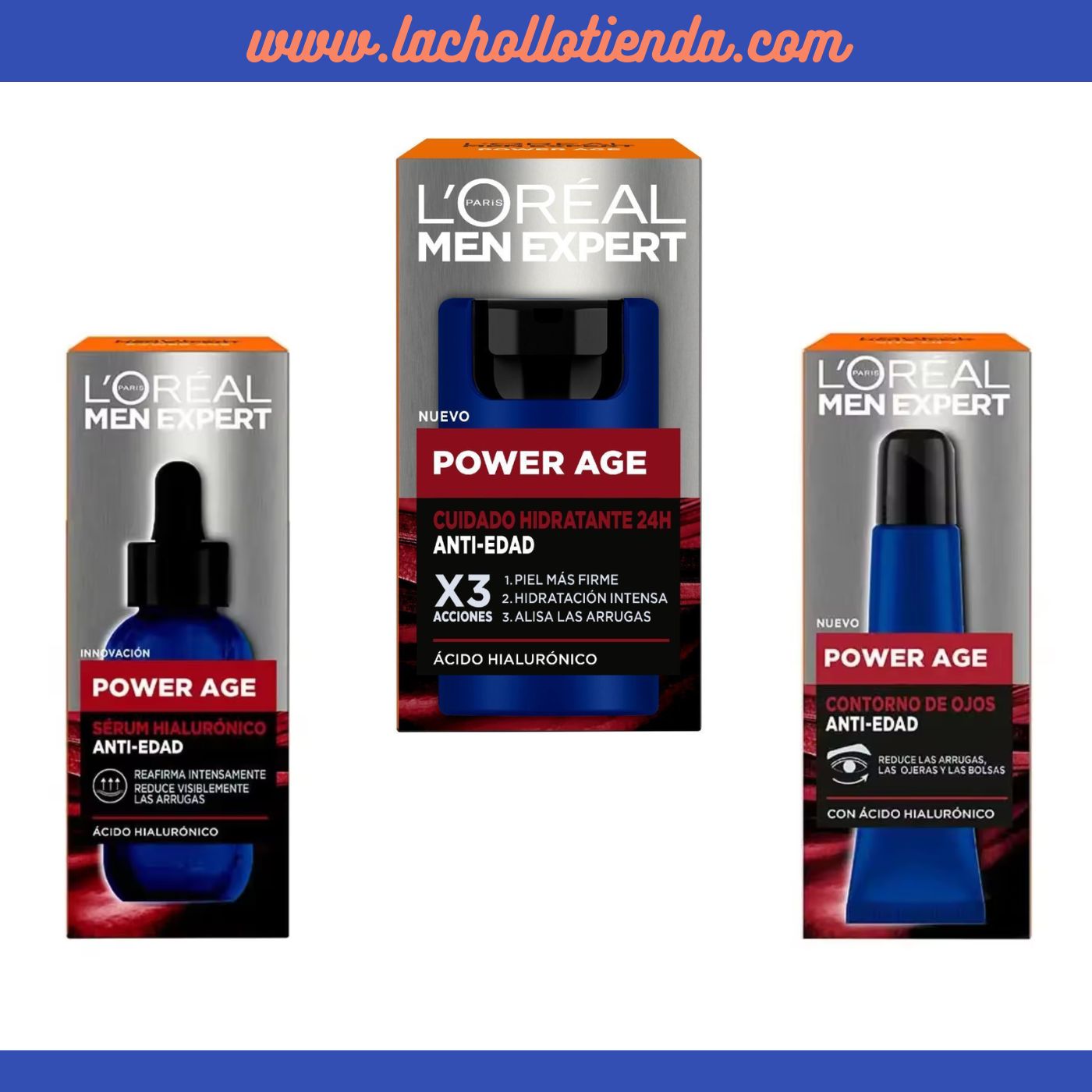 L'ORÉAL TRATAMIENTO MEN EXPERT - Power Age - SERUM HIALURONICO ANTI-EDAD 30ml + Hidratante Anti-Edad X3 con Ácido Hilaurónico 50ml + Contorno de Ojos Anti-arrugas 15ml.