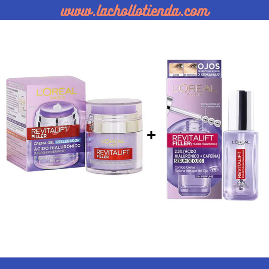 L'Oréal  Pack- Revitalift Filler, Gel Crema Rellenadora, Con Ácido Hialurónico 50ml + L'Oreal Revitalift Filler Sérum de Ojos con Ácido Hialurónico y Cafeína 20ml.