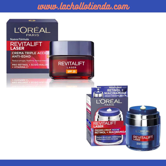 L'Oréal Pack -  REVITALIFT LASER 50ml crema día SPF25 + Crema Noche con Retinol y Niacinamida 50ml