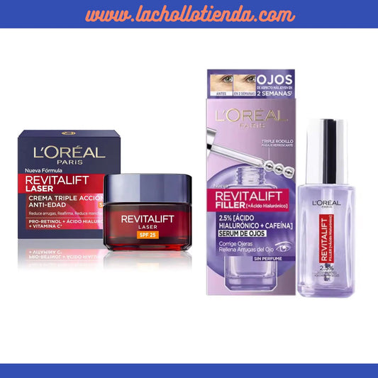 L'Oreal Pack - Revitalift Filler - Sérum de Ojos con Ácido Hialurónico y Cafeína 20ml + Crema Día con Protección Solar Factor 25 Antiarrugas y Antiedad 50ml.