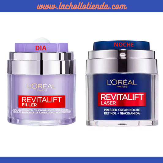 L'Oréal Paris Tratamiento - Revitalift Filler, Gel Crema Rellenadora - Con Ácido Hialurónico 50ml + Crema Noche Revitalift Laser con Retinol y Niacinamida 50ml