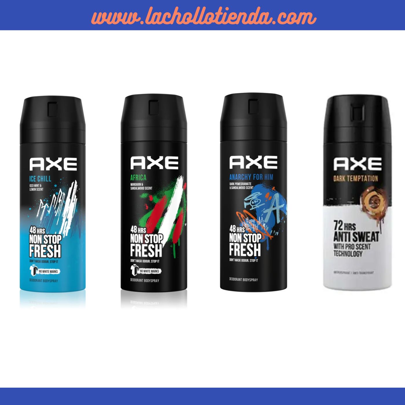 Lote Surtido AXE Desodorante Para Hombre-   4 X 150ml -  AXE Ice Chill - AXE Africa - AXE Anarchy - AXE Dark Temtation 72h