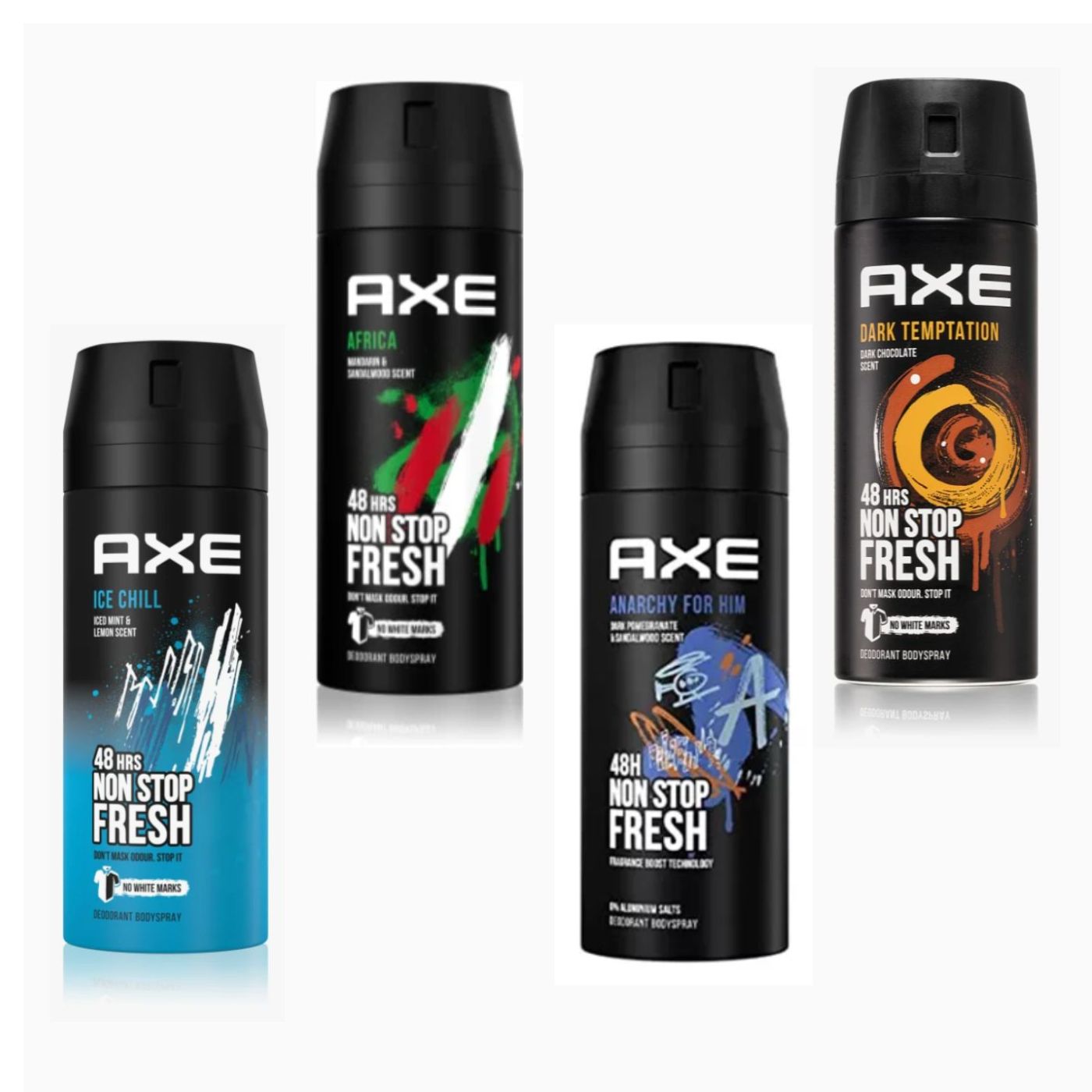 Lote Surtido AXE Desodorante Para Hombre-   4 X 150ml -  AXE Ice Chill - AXE Africa - AXE Anarchy - AXE Dark Temtation 
