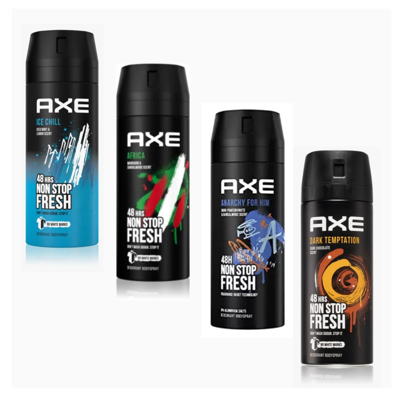 Lote Surtido AXE Desodorante Para Hombre-   4 X 150ml -  AXE Ice Chill - AXE Africa - AXE Anarchy - AXE Dark Temtation  