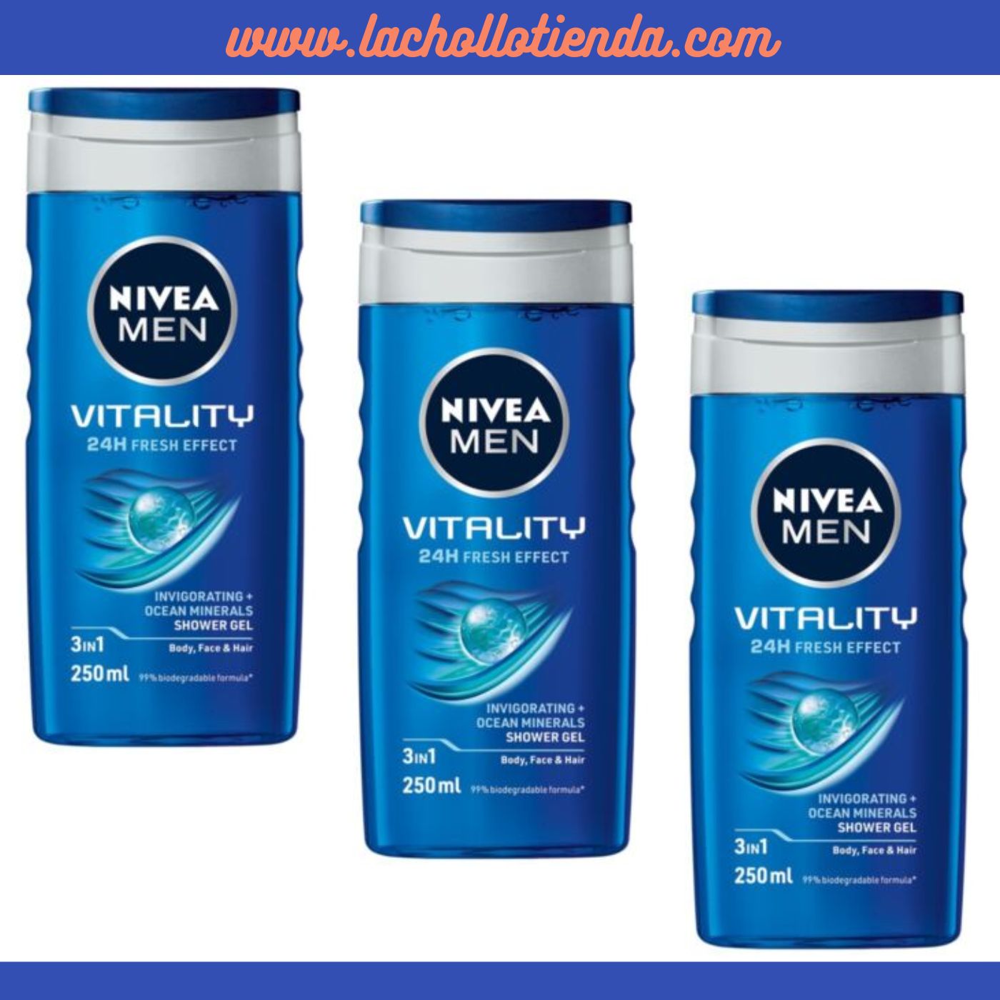 NIVEA Men -Vitality Fresh - Gel de Ducha para cuerpo/cara/cabello - 3X250ml.