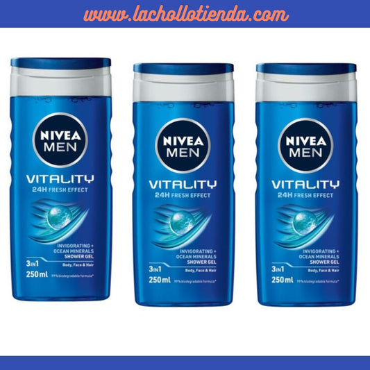 NIVEA Men -Vitality Fresh - Gel de Ducha para cuerpo/cara/cabello - 3X250ml.