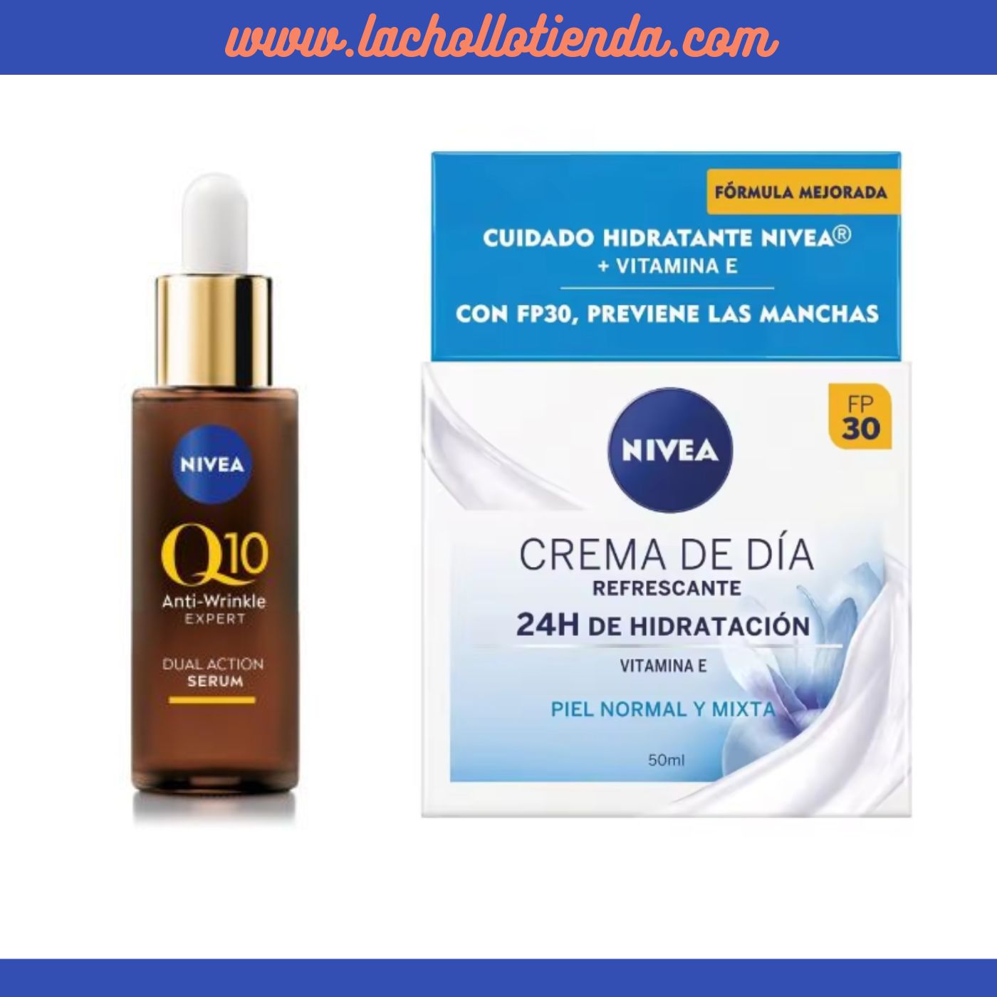 Nivea PACK - Serum doble acción Q10 anti-arrugas expert  30ml + Crema de Día Refrescante con Protección Salar Factor30 - 50ml.