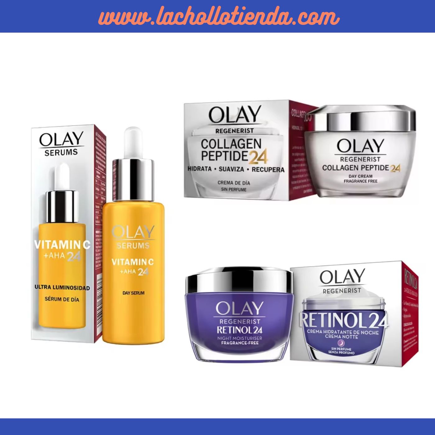 OLAY Tratamiento Completo - Serúm Vitamina C 40ml + Peptide24 Crema de Día 50ml + Retinol24 Crema de Noche 50ml.