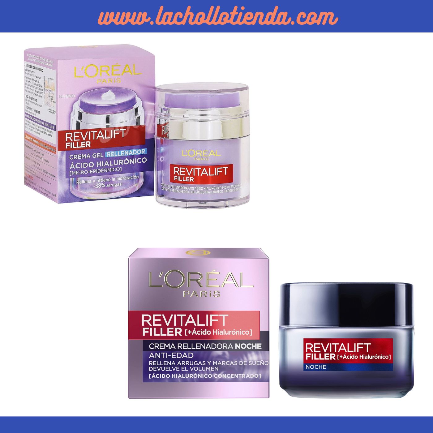 PACK L'Oréal Paris - Revitalift Filler Con Ácido Hialurónico - Crema Rellenadora de Dia 50ml + Crema Rellenadora Anti-eded de Noche 50ml