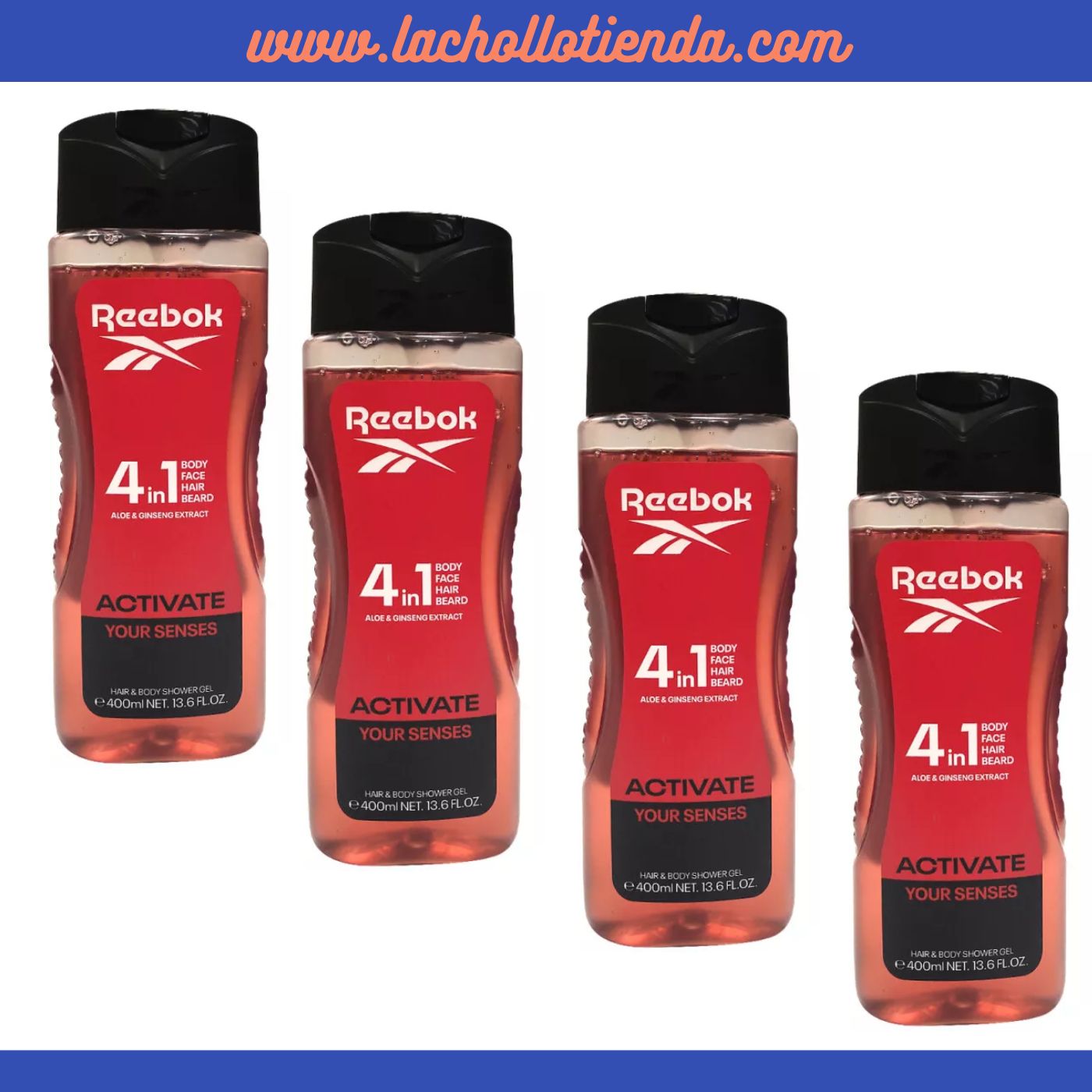 REEBOK Activate your Senses - Gel de Ducha Para Hombre 4 en 1 - Cuerpo, Cara, Pelo, Barba - 4X400ml