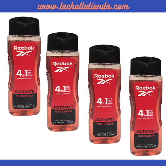 REEBOK Activate your Senses - Gel de Ducha Para Hombre 4 en 1 - Cuerpo, Cara, Pelo, Barba - 4X400ml