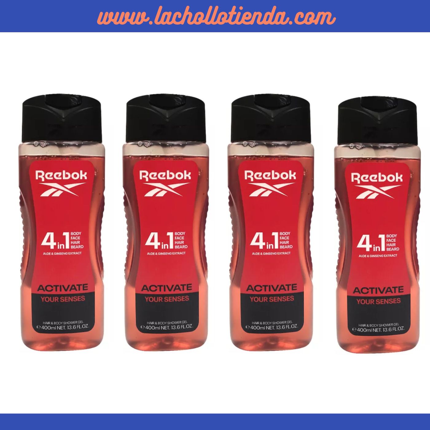 REEBOK Activate your Senses - Gel de Ducha Para Hombre 4 en 1 - Cuerpo, Cara, Pelo, Barba - 4X400ml