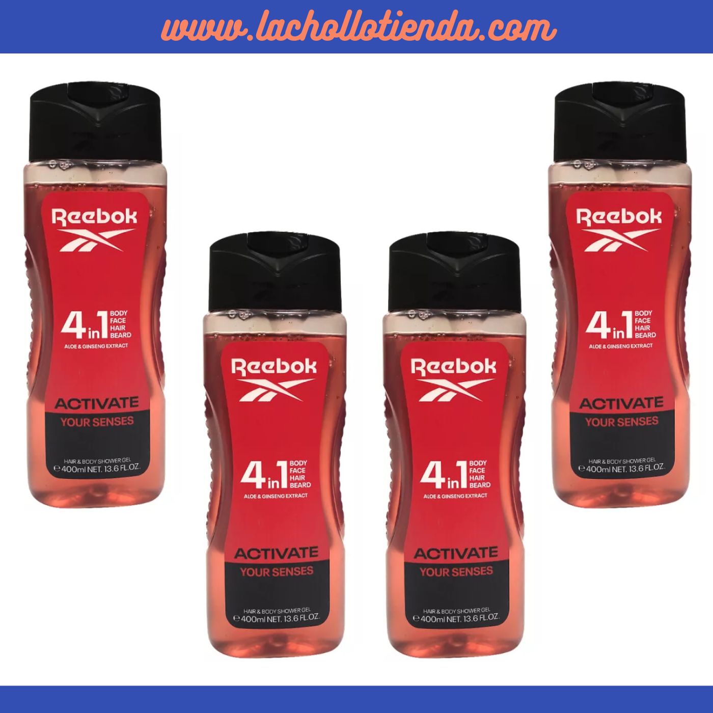 REEBOK Activate your Senses - Gel de Ducha Para Hombre 4 en 1 - Cuerpo, Cara, Pelo, Barba - 4X400ml