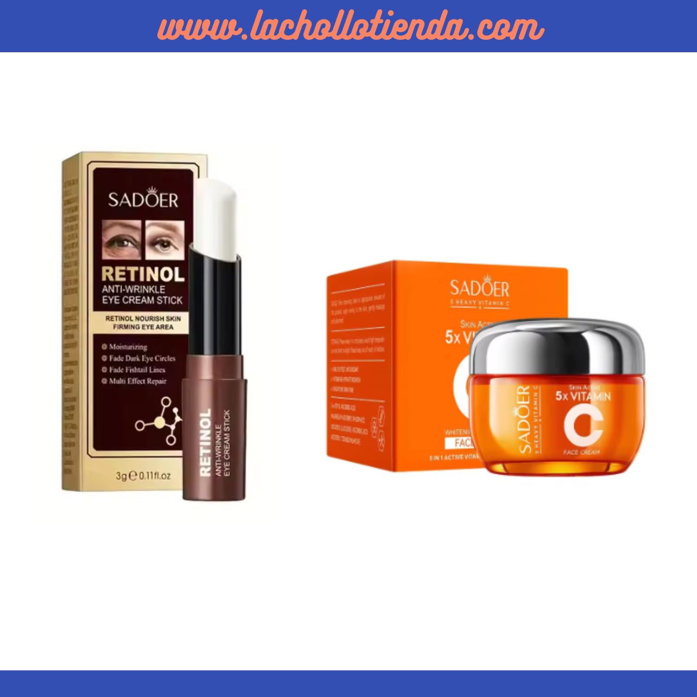 Sadoer PACK - Crema Hidratante con Vitamina c y Niacinamida 50g + Barra de crema para Contorno de Ojos con Retinol - Stick 3g