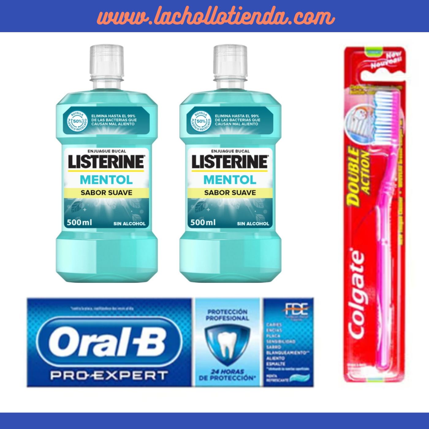 Pack Higiene Bucal - 2x Listerine 500ml Menta Suave + Pasta Oral-B Pro Expert + Cepillo Regalo.