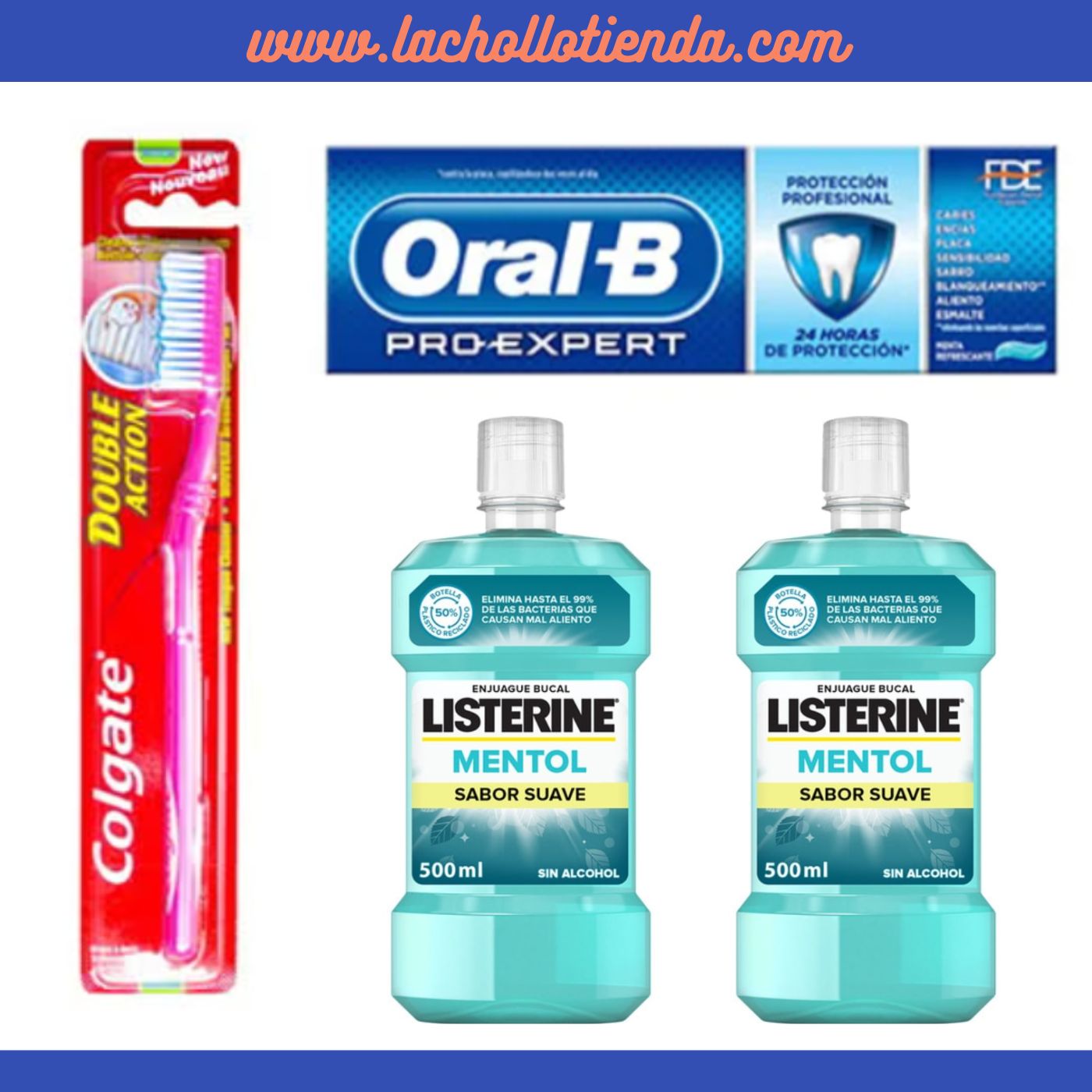 Pack Higiene Bucal - 2x Listerine 500ml Menta Suave + Pasta Oral-B Pro Expert + Cepillo Regalo.