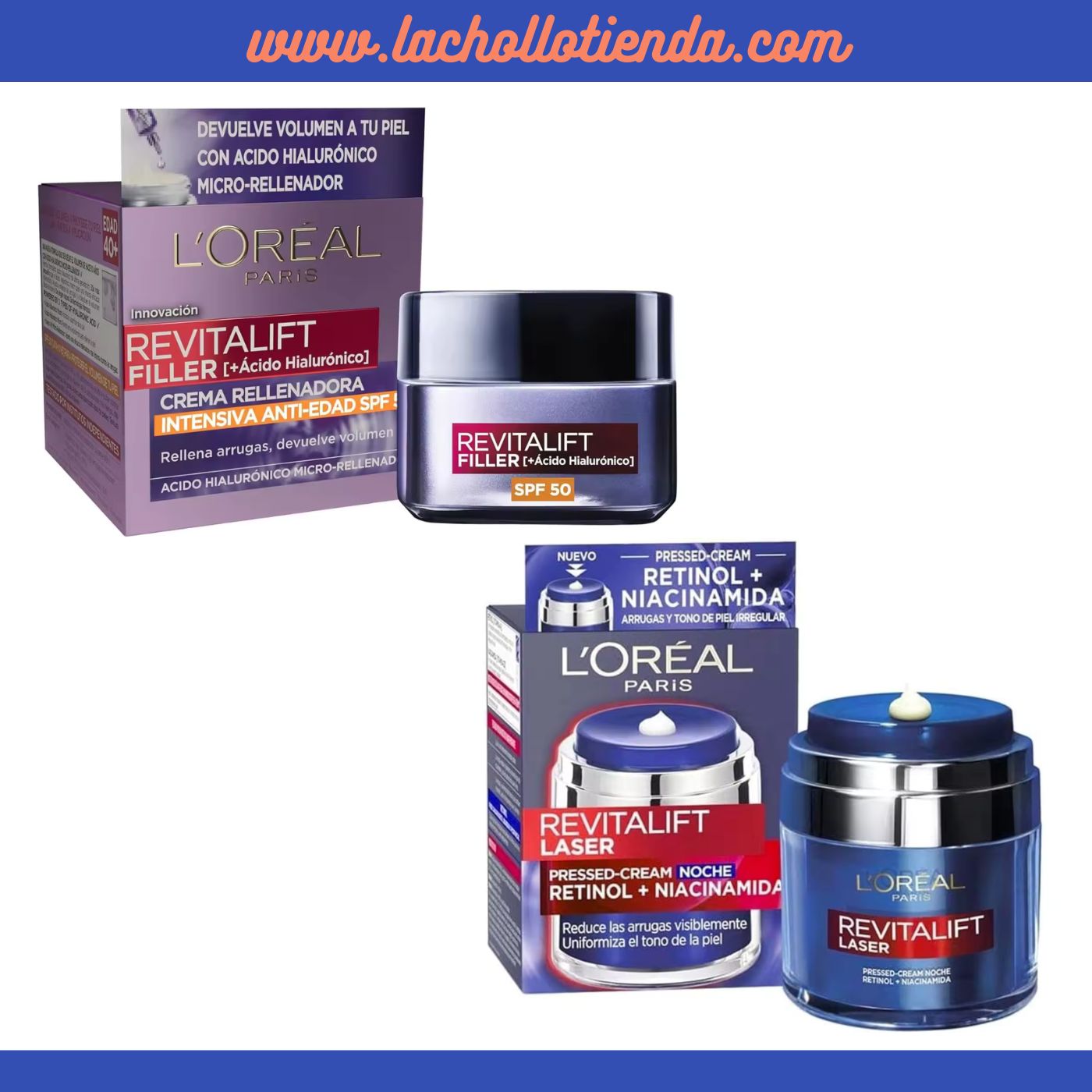 L'Oréal Paris Pack - Revitalift Filler - Crema de día - SPF50 y  Ácido Hialurónico 50ml + Crema Noche Revitalift Laser con Retinol y Niacinamida 50ml